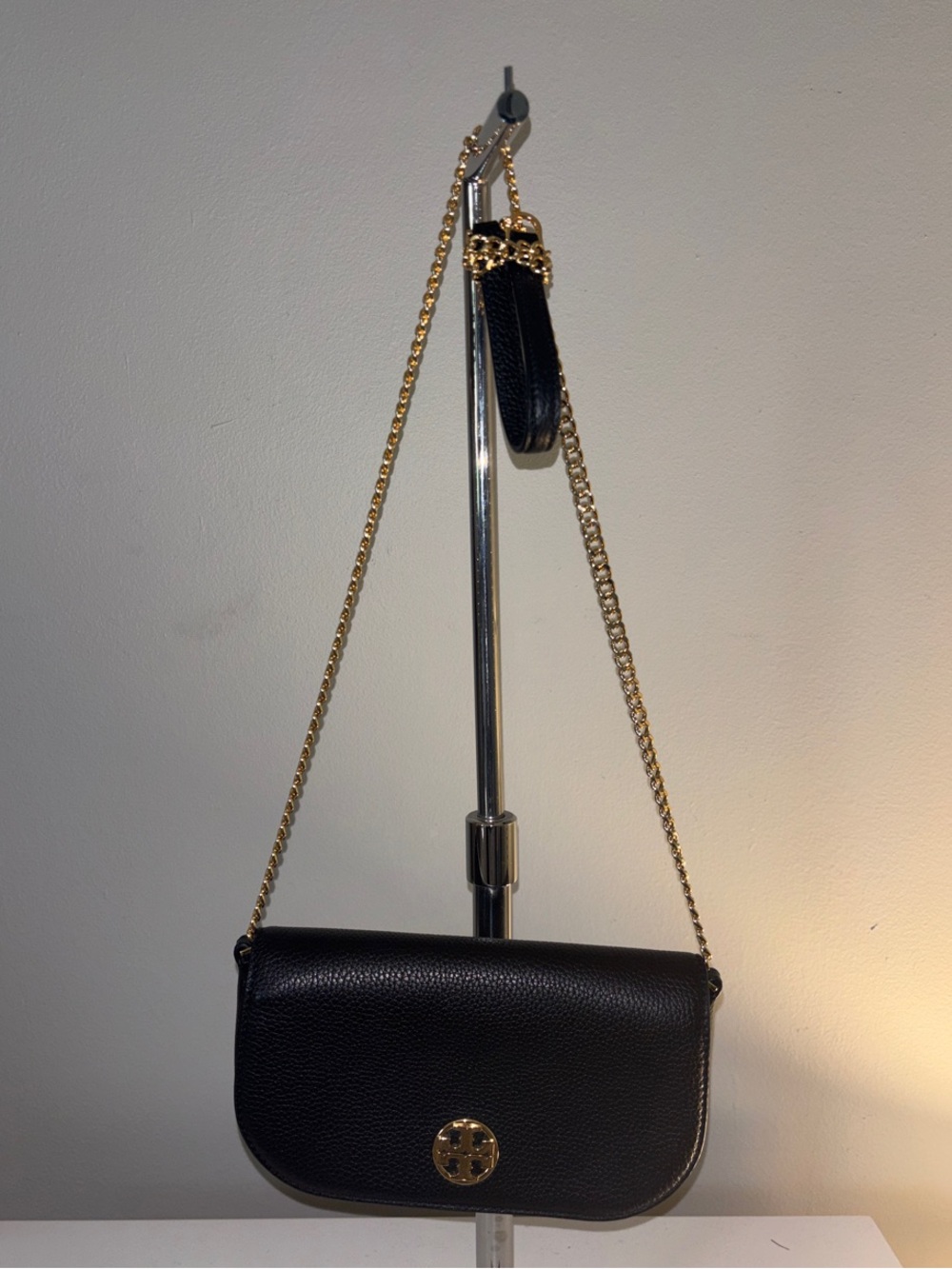 Tory Burch Black Pebbled Leather Crossbody with Gold Chain